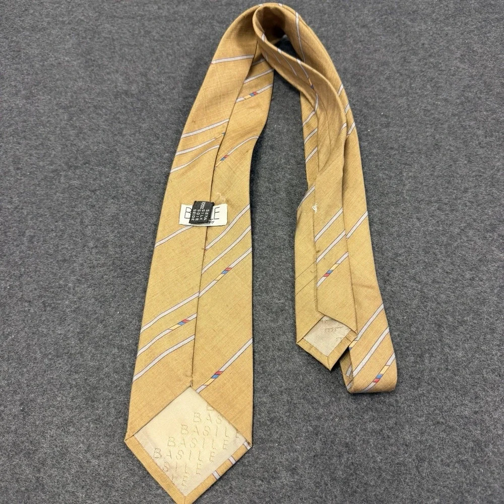 Vtg BASILE Made in Italy Striped Silk Linen Blend Mens Tie Gold Mustard Yellow